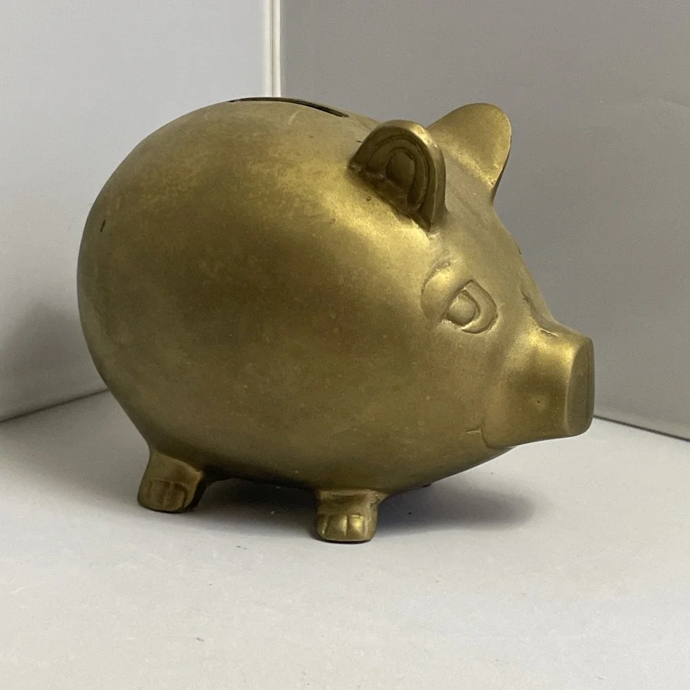 Vintage Solid Brass Chubby Pig‎ Piggy Bank Heavy Adorable 5